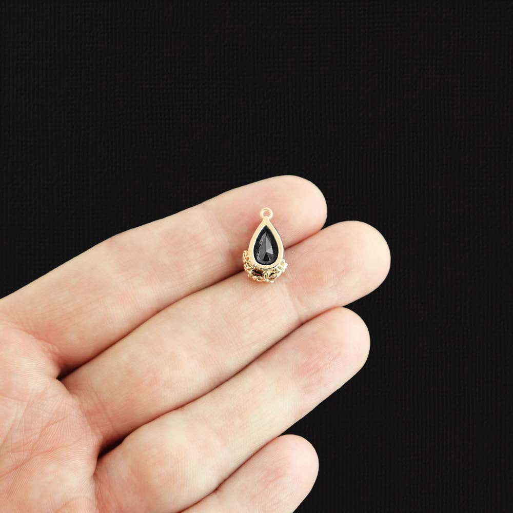 2 Black Glass Pendant Gold Tone Charms - Z332