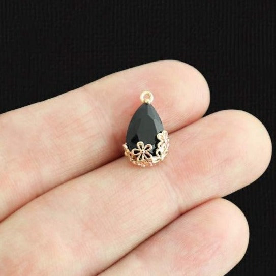 2 Black Glass Pendant Gold Tone Charms - Z332