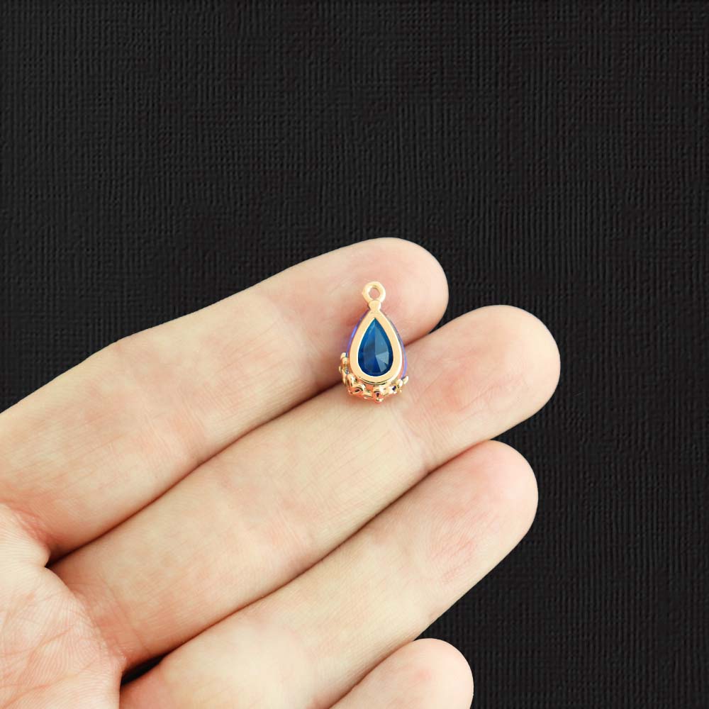 2 Blue Glass Pendant Gold Tone Charms - Z243