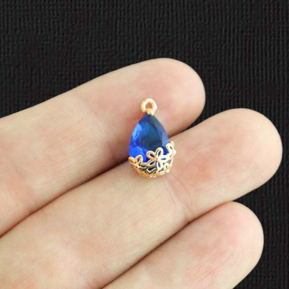 2 Blue Glass Pendant Gold Tone Charms - Z243