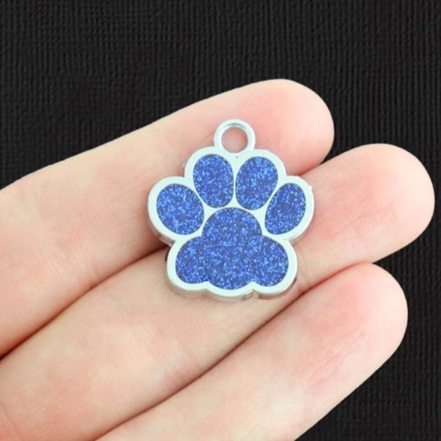 2 Blue Glitter Dog Paw Silver Tone Enamel Charms - E1380