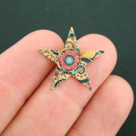 2 Boho Pattern Star Gold Tone Enamel Charms - E460