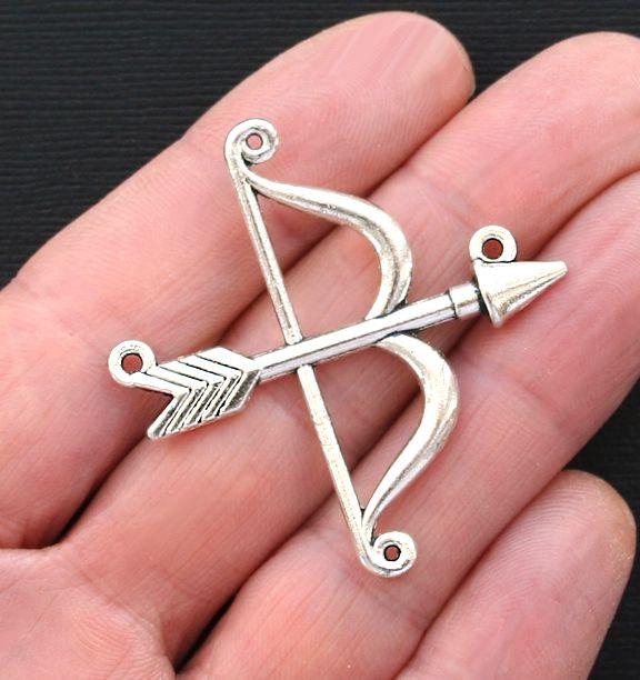 2 Bow and Arrow Connectors Antique Silver Tone Charms 2 Sided - SC3176