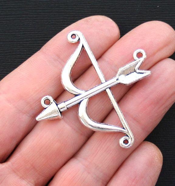 2 Bow and Arrow Connectors Antique Silver Tone Charms 2 Sided - SC3176
