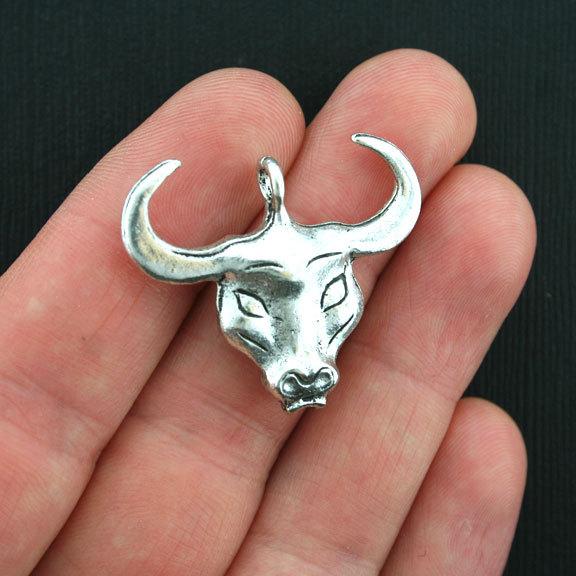 2 Bull Antique Silver Tone Charms 2 Sided - SC1365