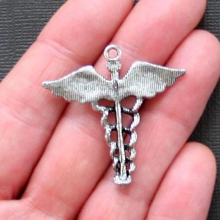 2 Caduceus Medical Antique Silver Tone Charms - SC1899