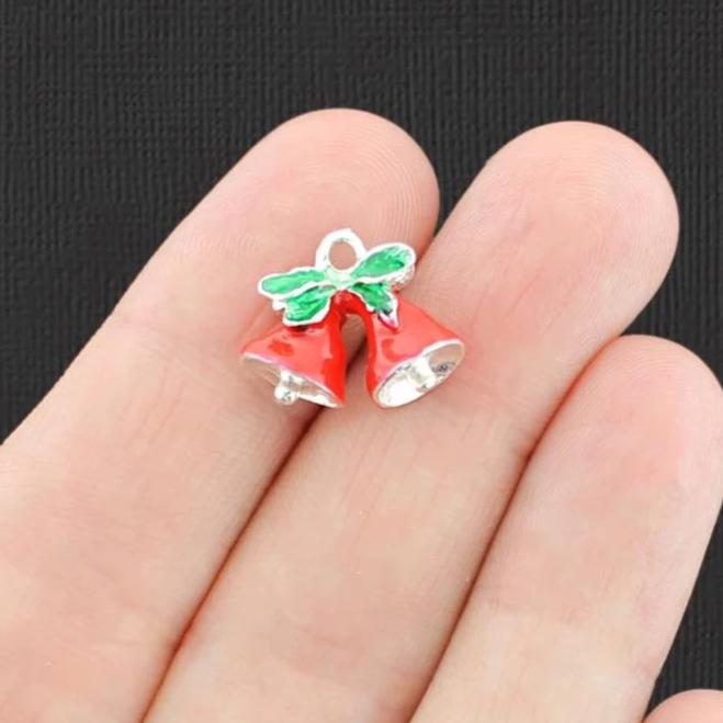 2 Christmas Bells Silver Tone Enamel Charms 3D - E798