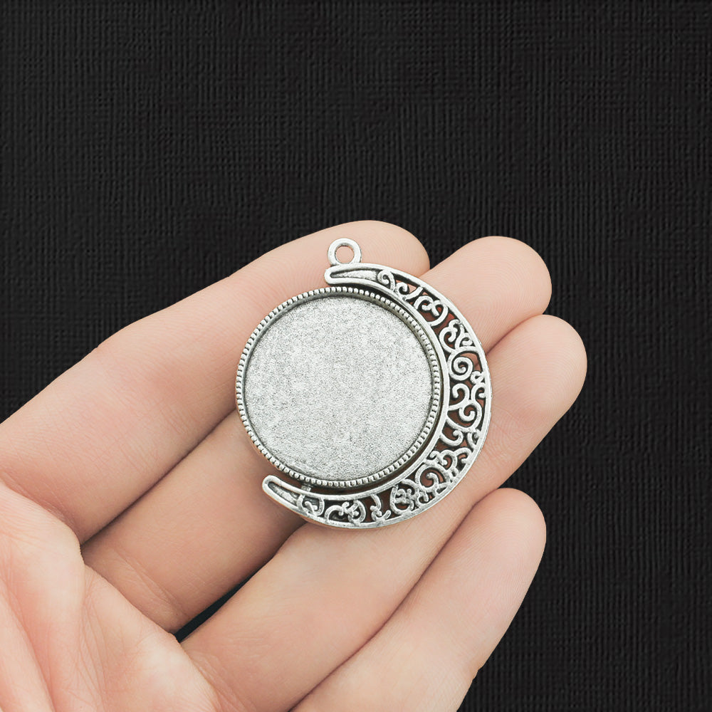 2 Crescent Moon Antique Silver Tone Charms with Cabochon Setting - SC3717