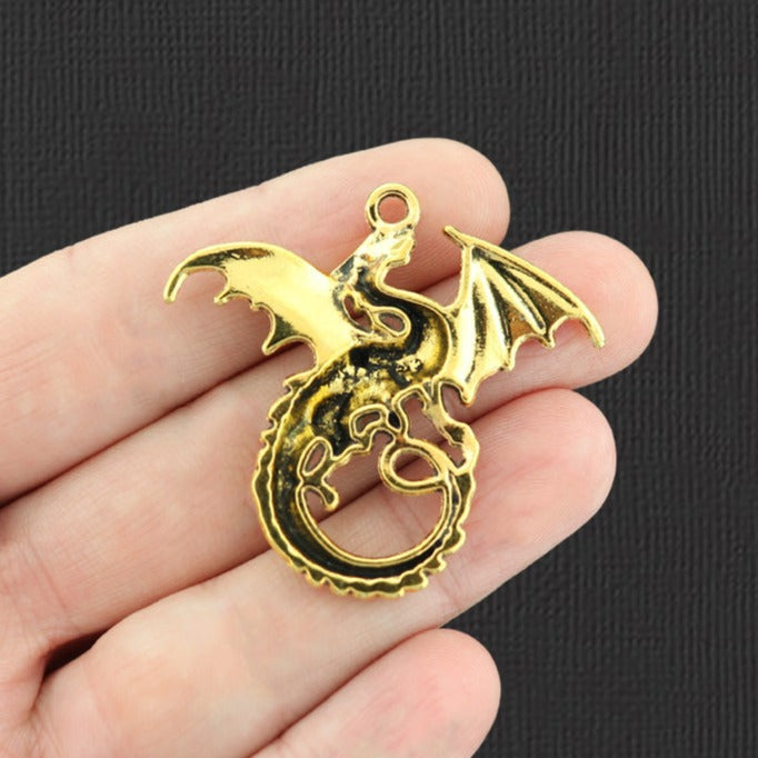2 Dragon Antique Gold Tone Charms - GC847