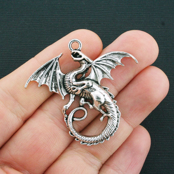 2 Dragon Antique Silver Tone Charms - SC348