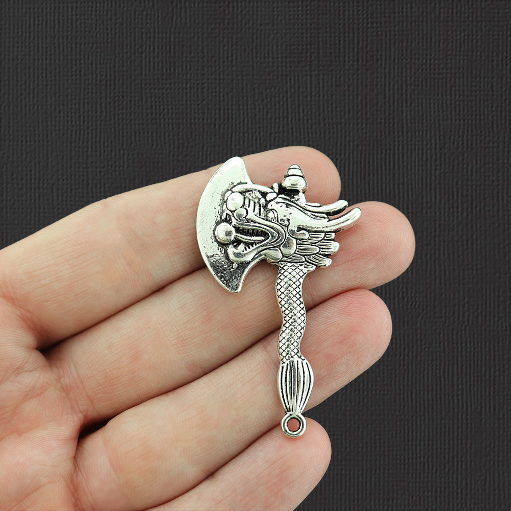 2 Dragon Axe Antique Silver Tone Charms 2 Sided - SC5826
