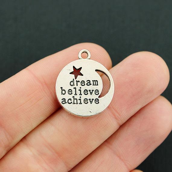 2 Dream Believe Achieve Antique Silver Tone Charms 2 Sided  - SC5479
