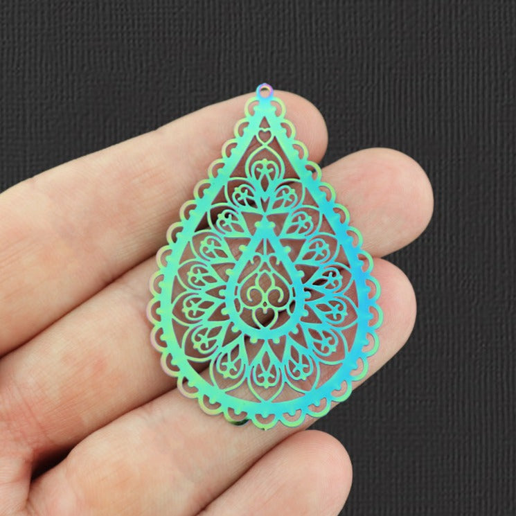 2 breloques en acier inoxydable plaqué arc-en-ciel filigrane goutte arc-en-ciel 2 faces - SSP172