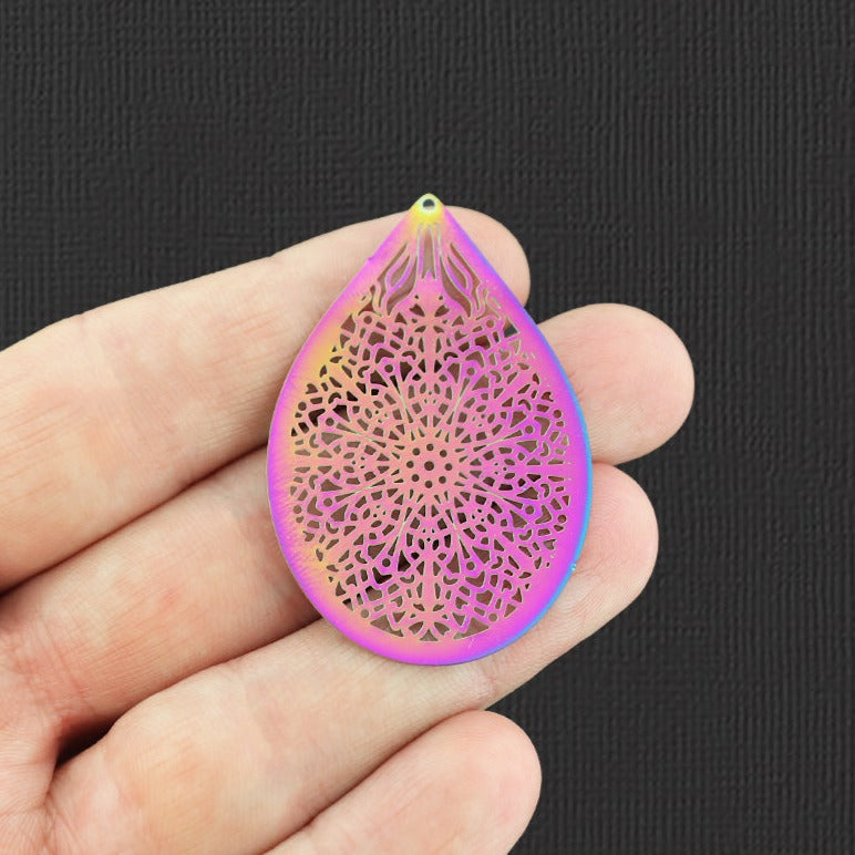 2 Filigree Drop Rainbow Electroplated Stainless Steel Charms - SSP164