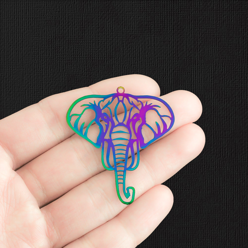 2 Filigree Elephant Rainbow Electroplated Stainless Steel Charms 2 Sided - SSP376