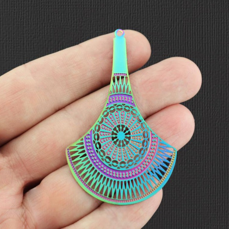 2 breloques en acier inoxydable plaqué arc-en-ciel en éventail en filigrane - SSP166