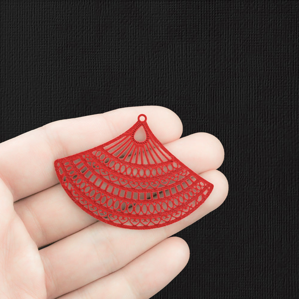2 Filigree Fan Red Enamel Charms - E1301