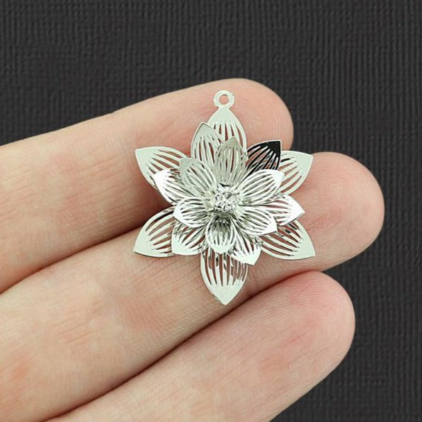 2 Filigree Flower Silver Tone Brass Charms 3D With Inset Rhinestone - BR151
