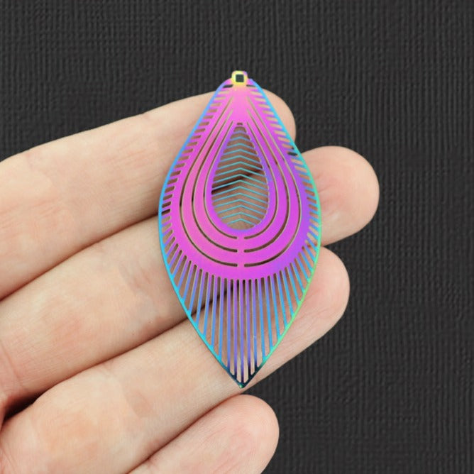 2 Filigree Leaf Rainbow Electroplated Stainless Steel Charms - SSP193