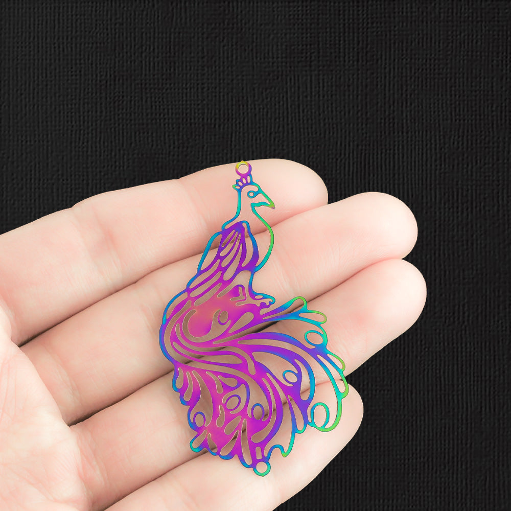 2 Filigree Peacock Rainbow Electroplated Stainless Steel Charms 2 Sided - SSP377
