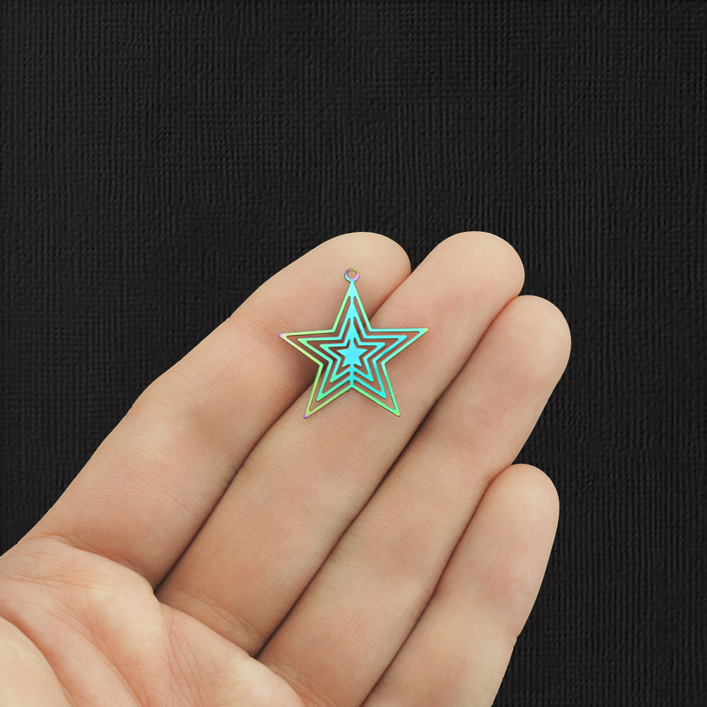 2 Filigree Star Rainbow Electroplated Stainless Steel Charms 2 Sided - SSP270