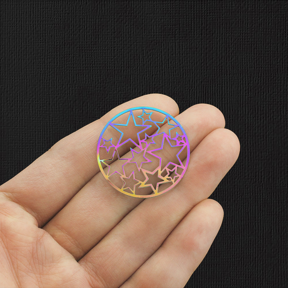 2 Filigree Star Rainbow Electroplated Stainless Steel Charms 2 Sided - SSP281