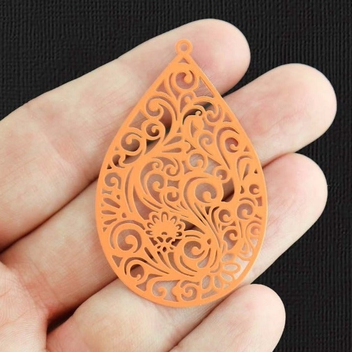 2 Filigree Teardrop Orange Enamel Charms 2 Sided - E1298