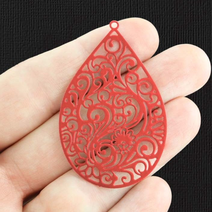 2 Filigree Teardrop Red Enamel Charms 2 Sided - E1294