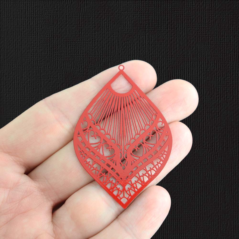 2 breloques en émail rouge en forme de larme en filigrane - E1421