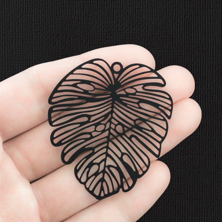 2 Filigree Tropical Leaf Black Enamel Charms 2 Sided - E1308