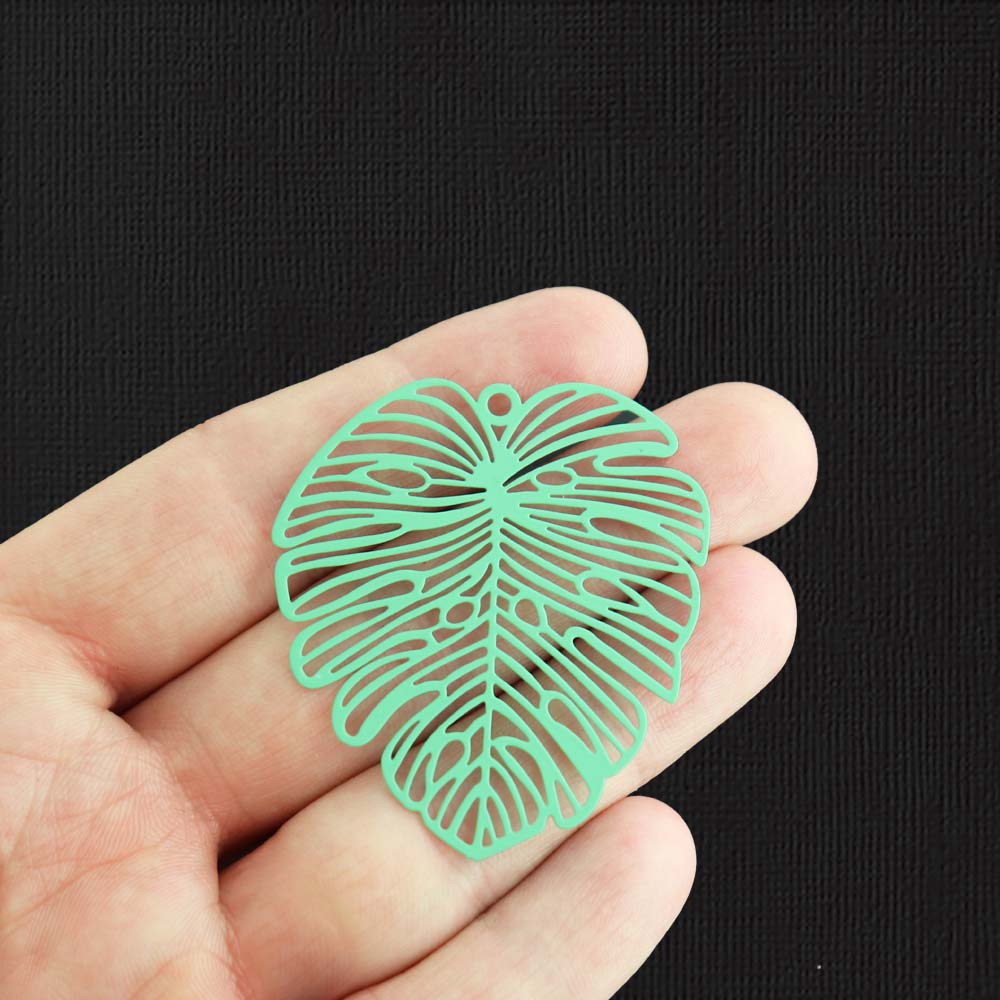 2 Filigree Tropical Leaf Green Enamel Charms 2 Sided - E1304