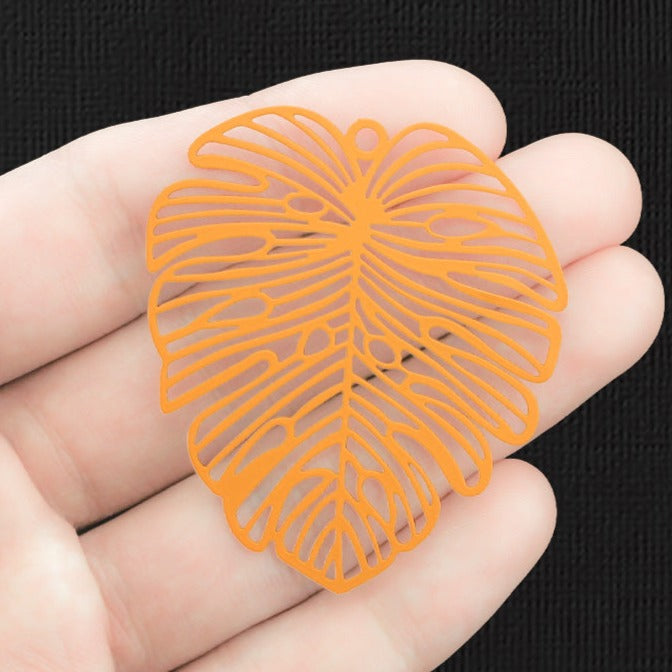 2 Filigree Tropical Leaf Orange Enamel Charms 2 Sided - E1307