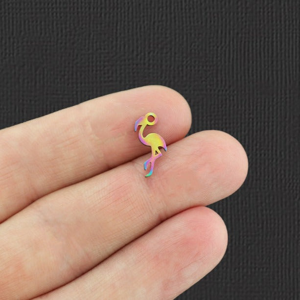 2 breloques en acier inoxydable plaqué arc-en-ciel Flamingo 2 faces - SSP143