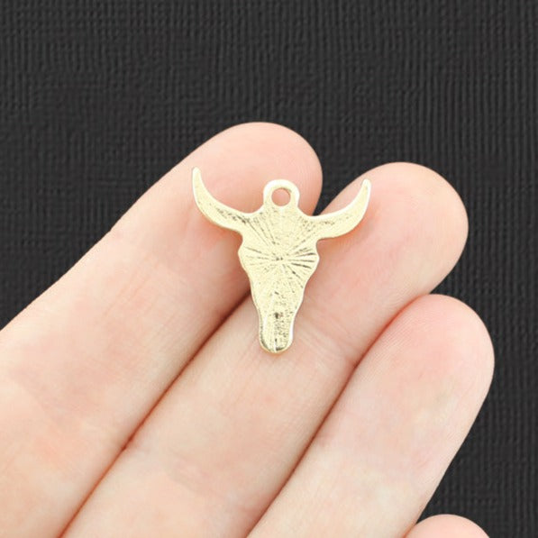 2 Floral Cattle Skull Gold Tone Enamel Charms - E892