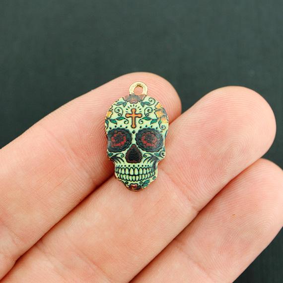 2 Floral Skull Gold Tone Enamel Charms - E652