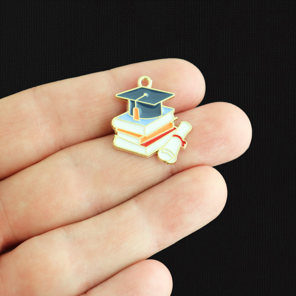 2 Graduation Book Stack Gold Tone Enamel Charms - E623