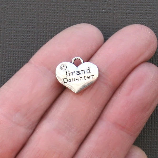 4 breloques de ton argent antique de coeur de petite-fille 2 faces avec strass incrustés - SC2013