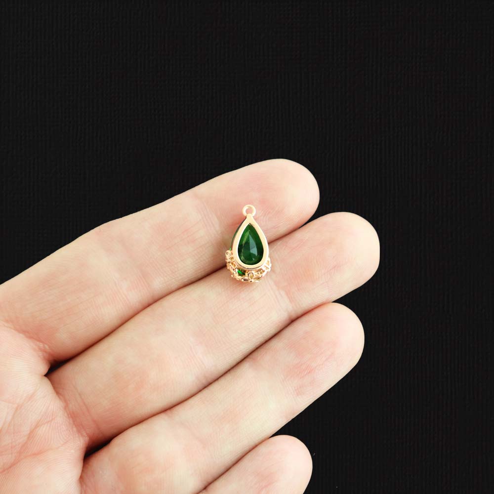 2 Green Glass Pendant Gold Tone Charms - Z324