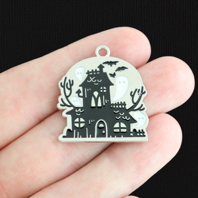 2 Haunted House Silver Tone Enamel Charms - E297