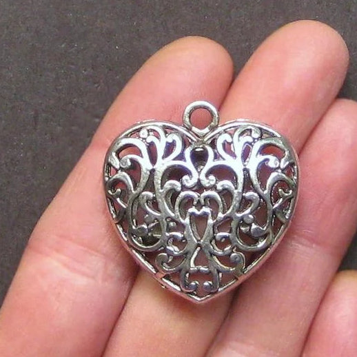 2 Heart Antique Silver Tone Charms 2 Sided - SC1447