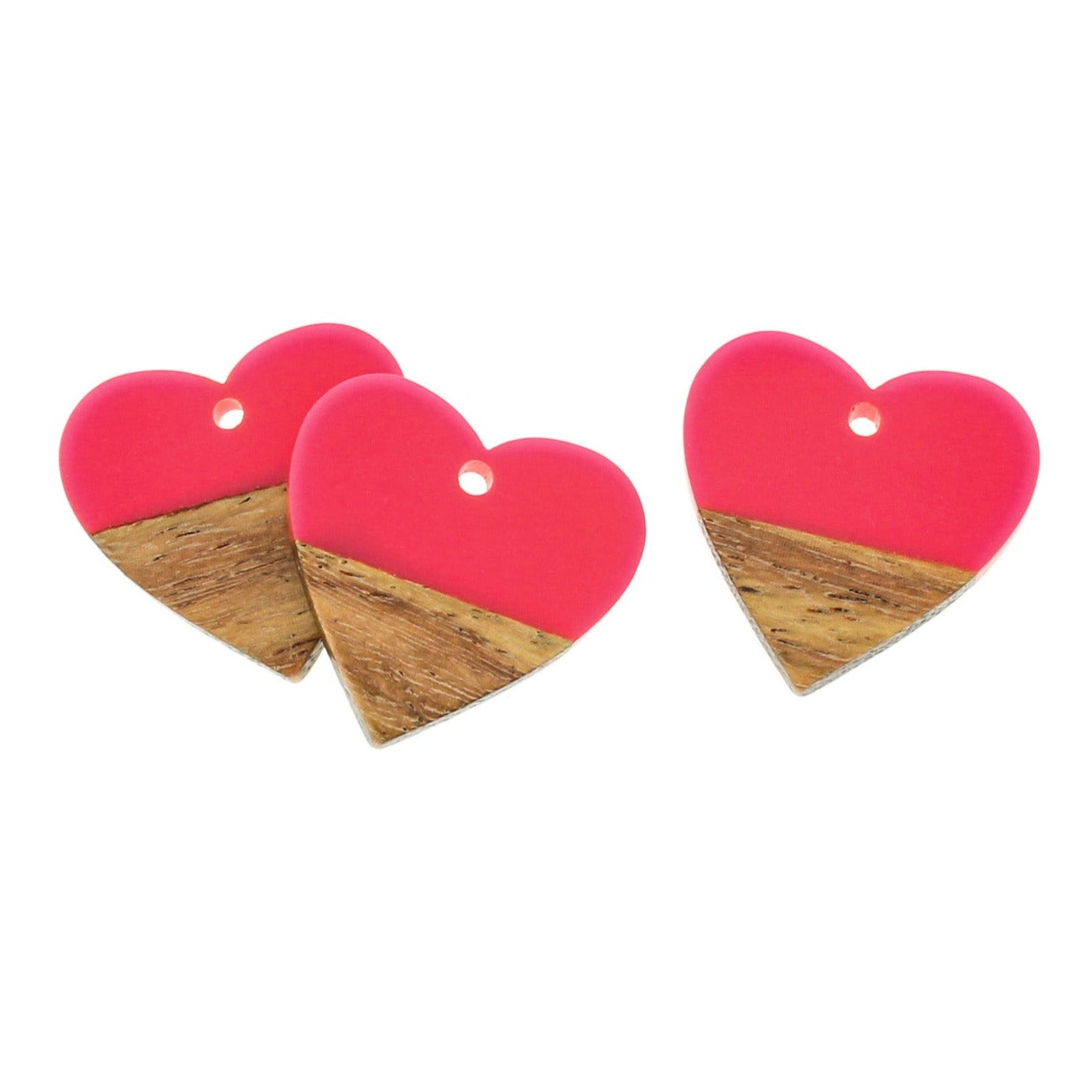 2 Heart Natural Wood and Resin Charms - Red or Pink - 25mm