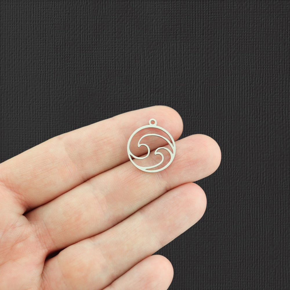 2 breloques en acier inoxydable ton argent Ocean Wave 2 faces - SSP261
