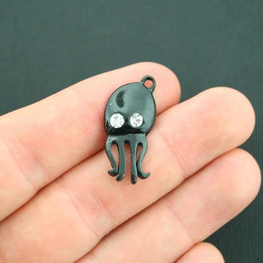 2 Octopus Black Enamel Charms With Inset Rhinestones - SC4901