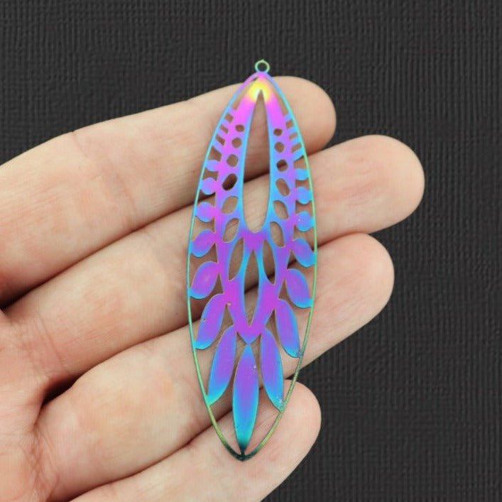 4 breloques ovales en acier inoxydable plaqué arc-en-ciel 2 faces - SSP213