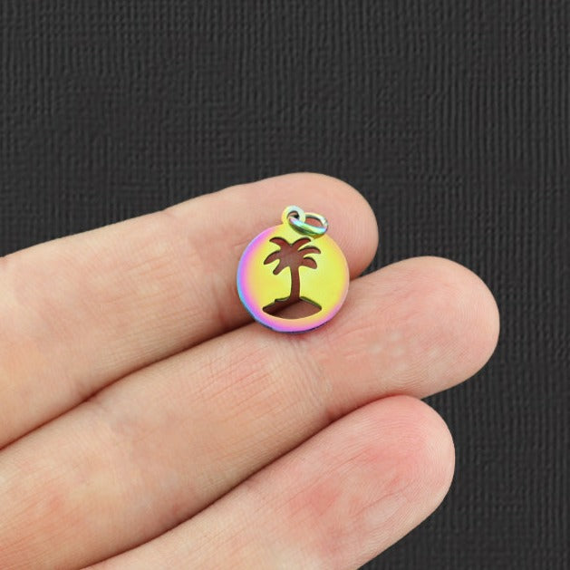 2 Palm Tree Rainbow Electroplated Stainless Steel Charms 2 Sided - SSP134