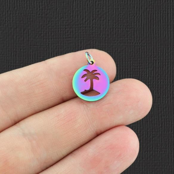 2 Palm Tree Rainbow Electroplated Stainless Steel Charms 2 Sided - SSP134