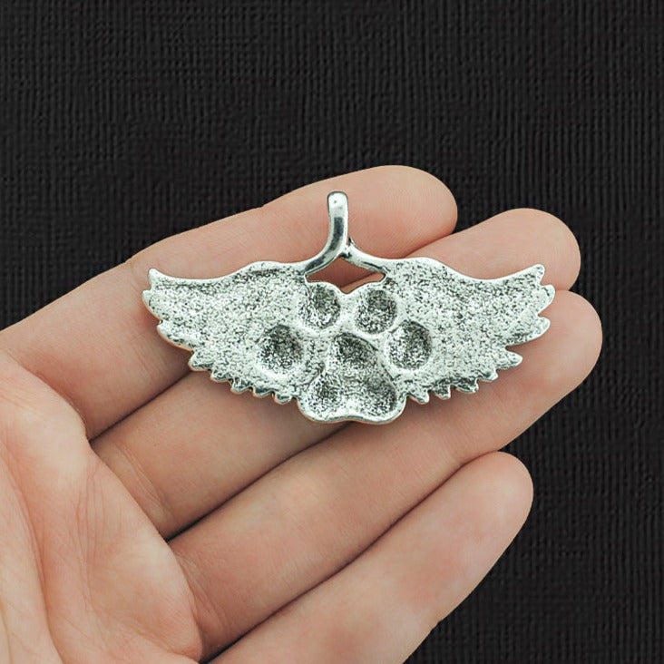 2 Paw Print Angel Wings Antique Silver Tone Charms - SC2906