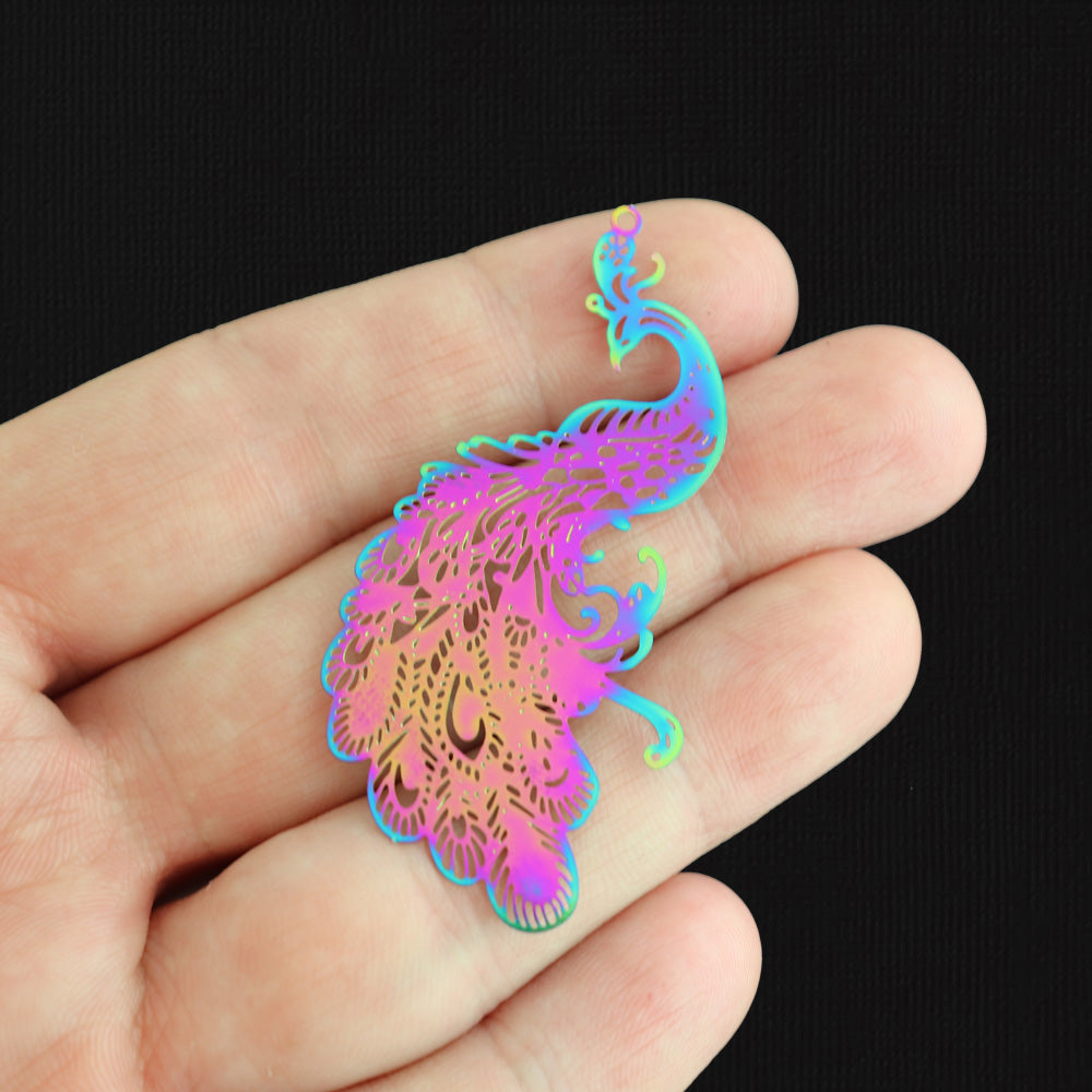 2 Peacock Rainbow Electroplated Stainless Steel Charms - SSP517