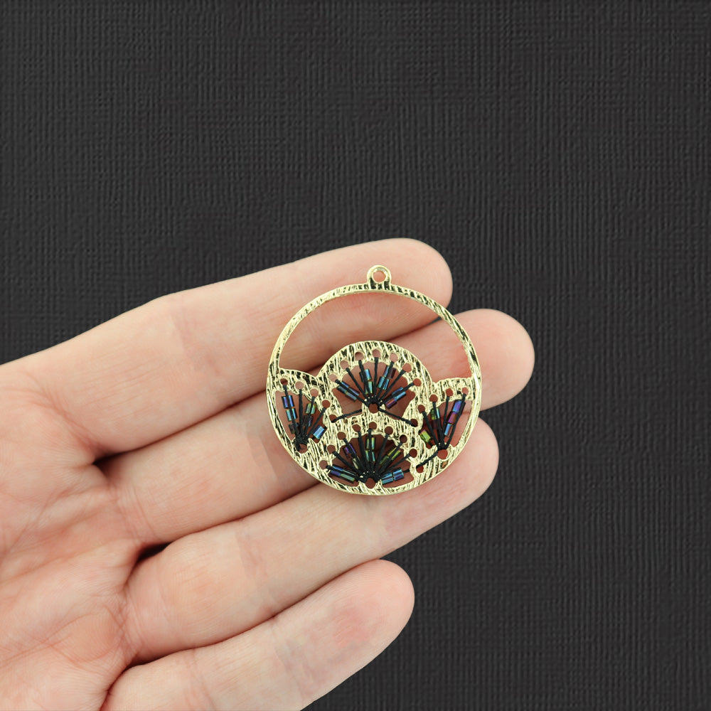 2 pendentifs arc-en-ciel en perle de rocaille noire ton or - Z1447