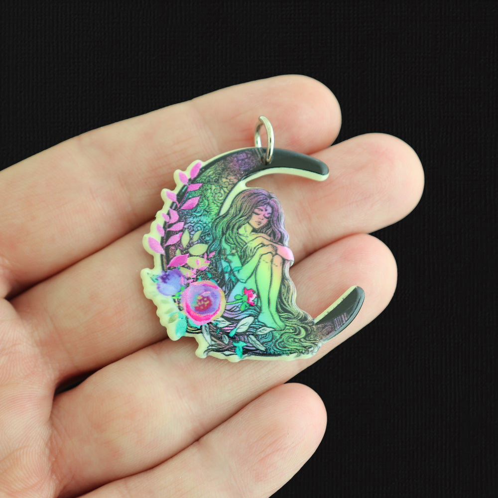 2 Rainbow Crescent Moon Fairy Acrylic Charms 2 Sided - K665